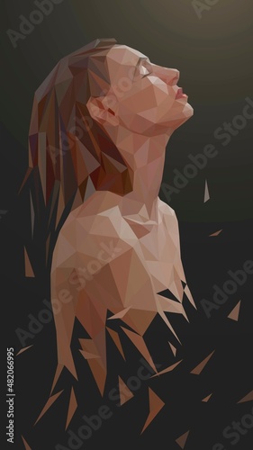 Low poly caucasian naked girl with closed eyes crumbles to pieces