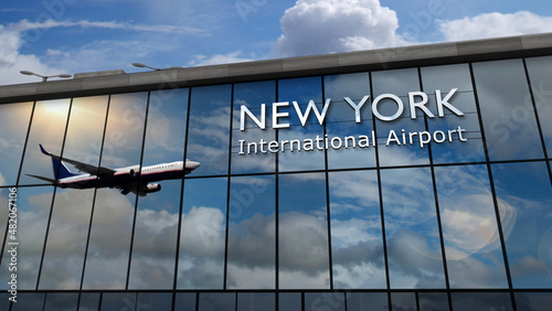 Photography Airplane landing at New York USA airport mirrored in terminal