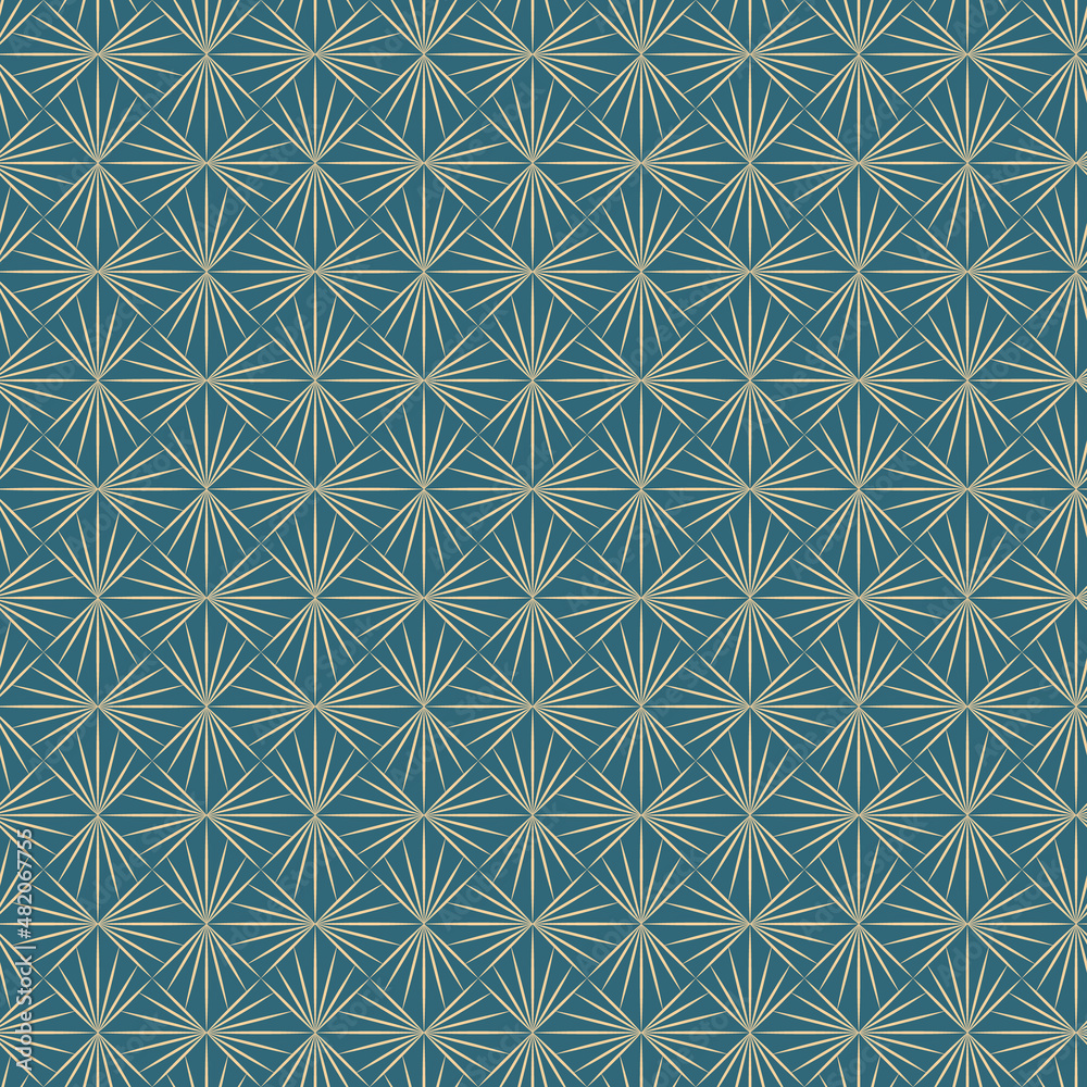 Golden geometric vector seamless patterns. Golden lines, triangles and rhombuses on an emerald green background. Modern illustrations for wallpapers, flyers, covers, banners, minimalistic decorations