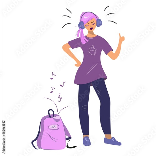 Emo girl dances and sings with headphones. Music backpack. Real subcultural look, tight pants, purple T-shirt, pink hair, music on headphones. Vector flat cartoon in flat style.