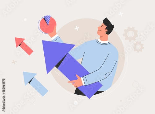 Successful project launch, corporate strategy presentation, business growth metaphors. Businessman holding large arrow. Successful startup and career growth.