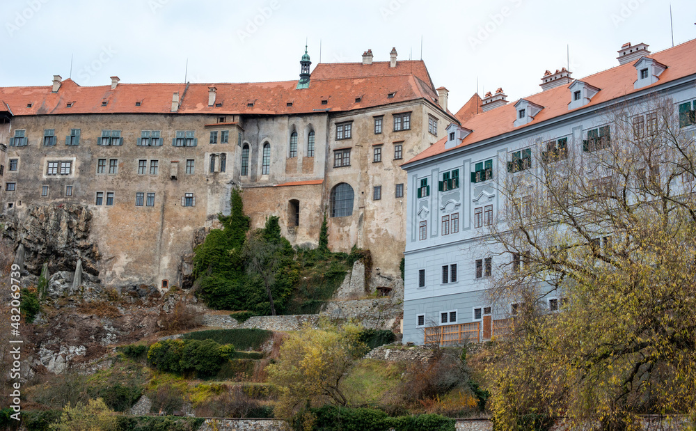 View of the Český Krumlov Castle located in the town of the same name Český Krumlov (Krumau). It developed from a castle built around 1240 by the Witigonen branch of the Český Krumlov family.