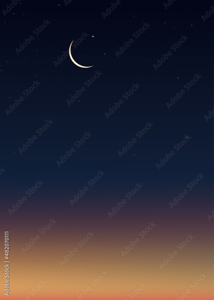 Ramadan Night with Crescent moon on dark blue sky background,Vector Vertical banner Dramtic Suset with Twilight dusk sky,Islamic religion for Ramadan Kareem celebration, Eid al-Adha,Eid Mubarak Ramadan Night with Crescent moon on dark blue sky background,Vector Vertical banner Dramtic Suset with Twilight dusk sky,Islamic religion for Ramadan Kareem celebration, Eid al-Adha,Eid Mubarak