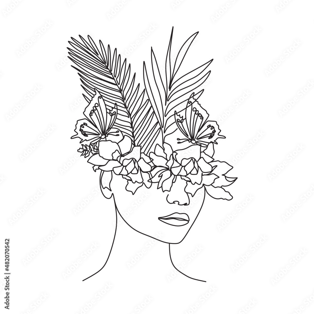 Woman face with butterfly and flowers. Line art female hands with butterflies. One line vector drawing. Portrait minimalistic style. Botanical print. Nature symbol of cosmetics. Woman face with butterfly and flowers. Line art female hands with butterflies. One line vector drawing. Portrait minimalistic style. Botanical print. Nature symbol of cosmetics.
