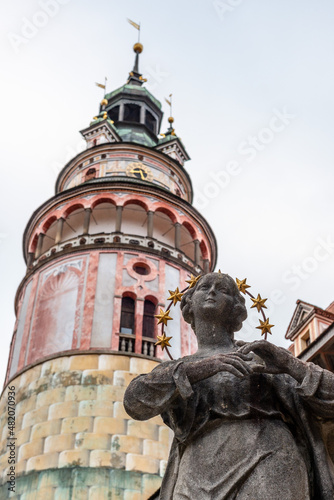 View of the historic Český Krumlov Castle Tower located in the town of the same name Český Krumlov (Krumau). The chateau developed from a castle built around 1240 by the Witigonen branch of the Český  photo