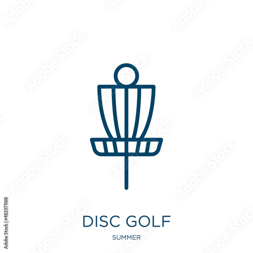 disc golf icon from summer collection. Thin linear disc golf, golf, game outline icon isolated on white background. Line vector disc golf sign, symbol for web and mobile