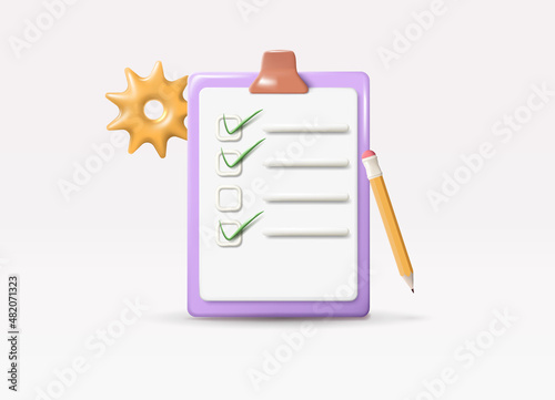 Paper clipboard with pencil and gear in 3d style. Concept vector illustration with project management, checklist, plan