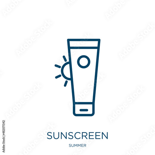 sunscreen icon from summer collection. Thin linear sunscreen, cream, sun outline icon isolated on white background. Line vector sunscreen sign, symbol for web and mobile