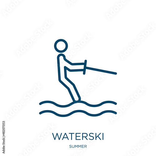 waterski icon from summer collection. Thin linear waterski, activity, man outline icon isolated on white background. Line vector waterski sign, symbol for web and mobile