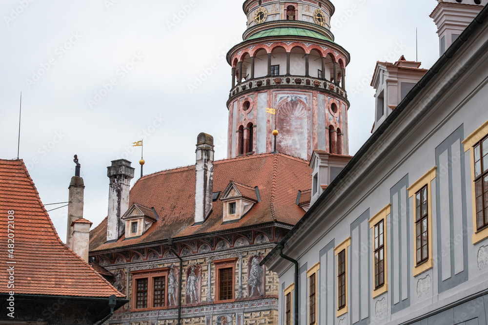 View of the historic Český Krumlov Castle Tower located in the town of the same name Český Krumlov (Krumau). The chateau developed from a castle built around 1240 by the Witigonen branch of the Český 