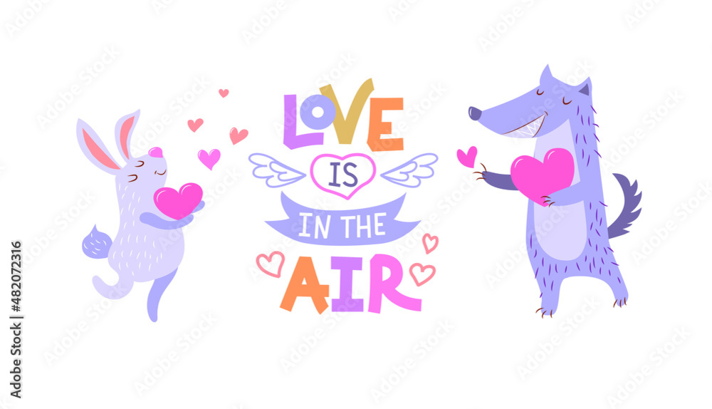 A pair of cute animals in love - a hare and a wolf, holding a heart in their paws. The inscription - love is in the air. Postcard Happy Valentine's Day. Vector illustration