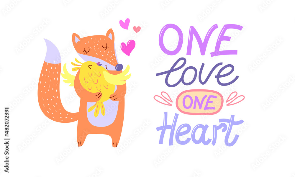 Obraz premium A pair of cute animals in love - a fox hugs a chicken. Lettering - one love one heart. Postcard Happy Valentine's Day. Vector illustration