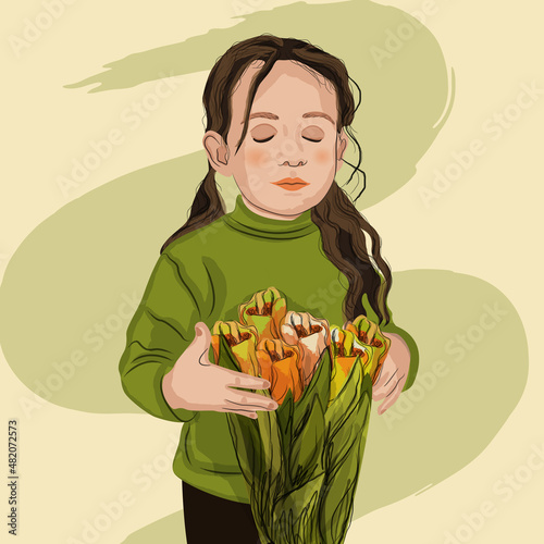 girl with long dark hair in a green sweater with a bouquet of flowers in her hands