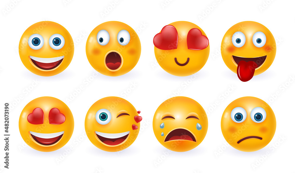 Set of 3d emoticons and emoji. Red heart emoji with in love, kiss, surprised and funny cute expression isolated on white background. Vector illustration.