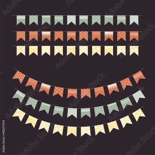 A set of vector multicolored garlands of flags with patterns for decorating illustrations