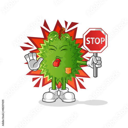 durian holding stop sign. cartoon mascot vector