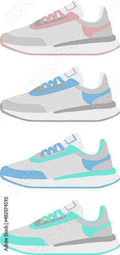 Running sneakers shoes set. Comfortable shoes for training, running and walking. Sports shoes of various shapes, training footwear, active sport sneakers cartoon. Vector illustration, pastel colors.