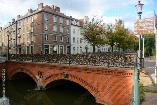Gdansk, Poland - September 21, 2021: View from the bridge called Most Chlebowy (Most Milosci)