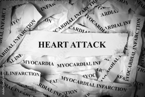 Strips of newspaper with the words Heart attack and Myocardial Infarction typed on them