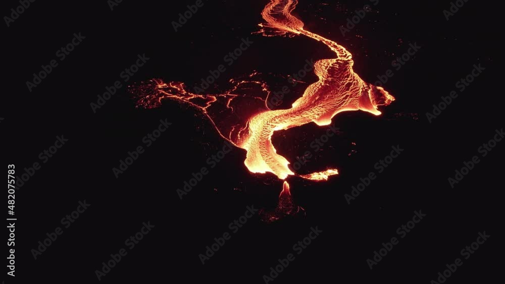 Drone Over Flowing River Of Molten Lava From Erupting Volcano