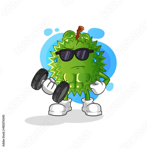 durian lifting dumbbell vector. cartoon character