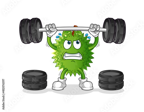 durian lifting the barbell character. cartoon mascot vector