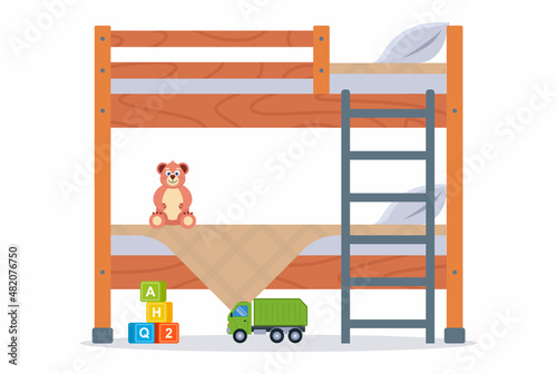 wooden two-story children bed. sleeping place for children. flat vector illustration.