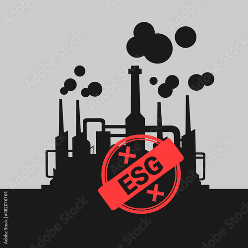 Factory and negative ESG rubber stamb - business failure in test of environemntal test and check. No validation, certification and compliance. vector illustration.