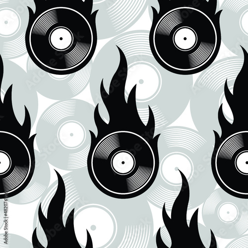 Seamless vector pattern with retro vintage vinyl record icons and flames.