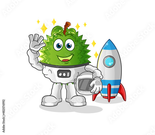 durian astronaut waving character. cartoon mascot vector