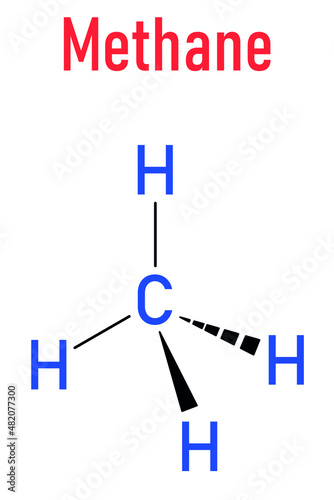 Methane natural gas molecule. Main component of natural gas and LNG, liquefied natural gas, and biogas, produced by fermentation. Skeletal formula.