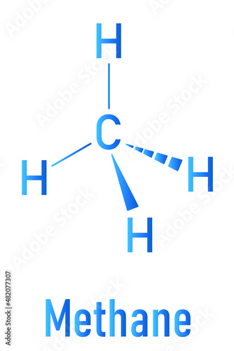 Methane natural gas molecule. Main component of natural gas and LNG, liquefied natural gas, and biogas, produced by fermentation. Skeletal formula.