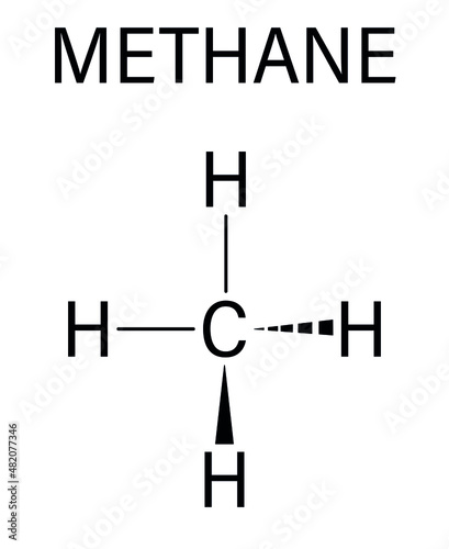 Methane natural gas molecule. Main component of natural gas and LNG, liquefied natural gas, and biogas, produced by fermentation. Skeletal formula.