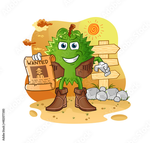 durian cowboy with wanted paper. cartoon mascot vector