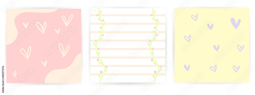 Set 3 of cute pastel color square cards with hand draw doodle line art in minimalism style . Idea for customer thank you card Valentine's day theme,lovely and adorable