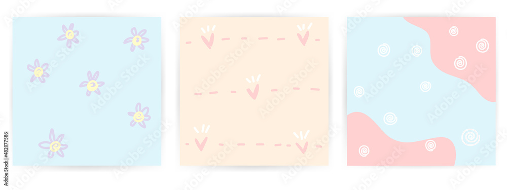 Set 3 pf cute pastel square cards with hand draw doodle line art in sweet pastel tone color. Idea for mini card, thank you card, lovely and adorable