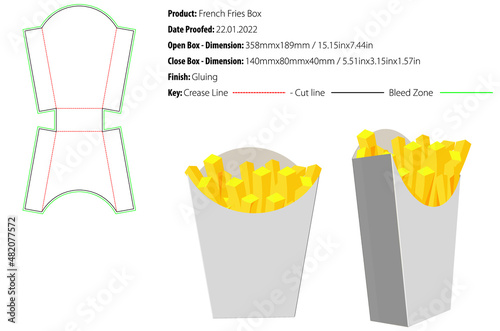 French Fries box packaging template,gluing die cut vector