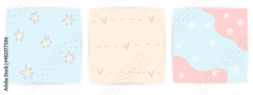 Set 3 pf cute pastel square cards with hand draw doodle line art in sweet pastel tone color. Idea for mini card, thank you card, lovely and adorable