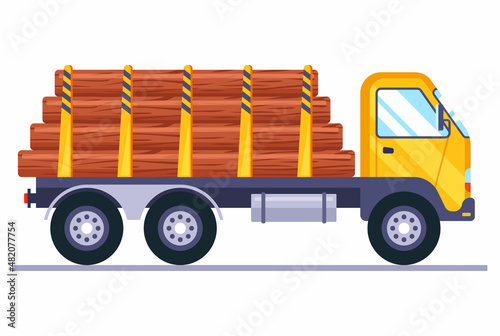 a big truck transports wood from a sawmill. flat vector illustration