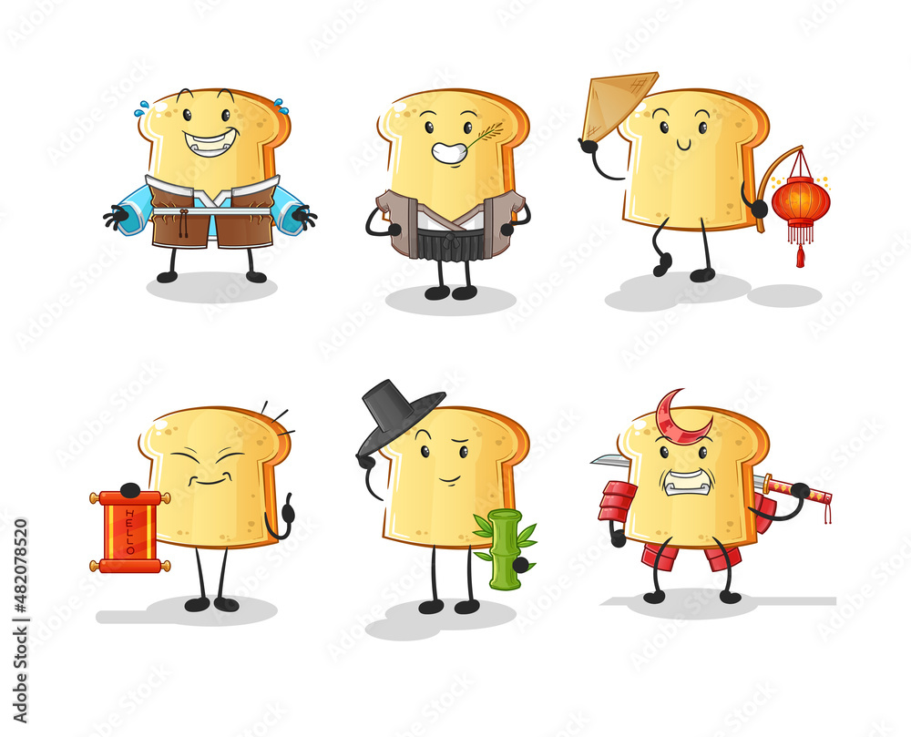 white bread asian culture set . cartoon mascot vector