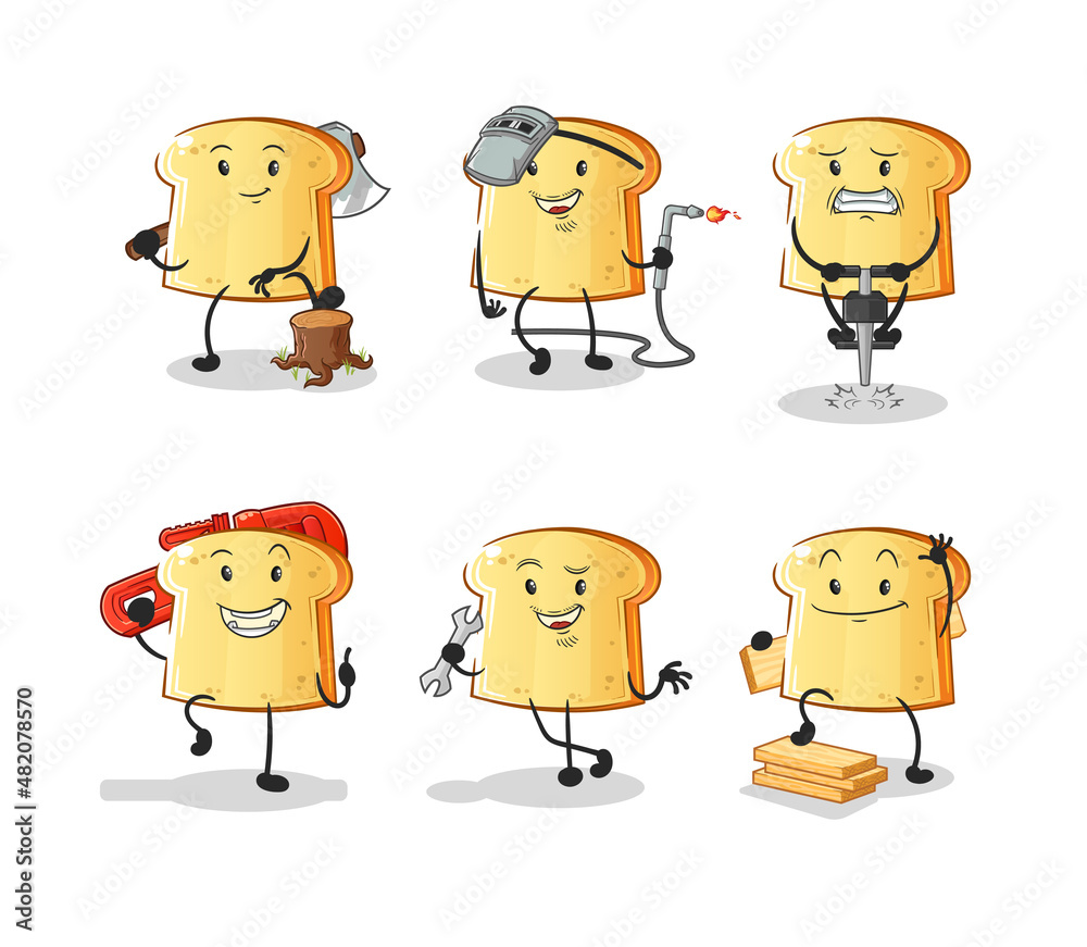 white bread worker set character. cartoon mascot vector