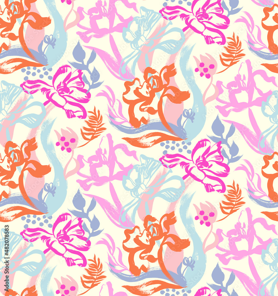 Seamless pattern with colorful tulip flowers painted with leaves on a light yellow background in pastel shades for textile and surface design. Summer motif with dynamic botanical composition Seamless pattern with colorful tulip flowers painted with leaves on a light yellow background in pastel shades for textile and surface design. Summer motif with dynamic botanical composition