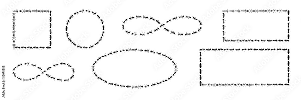 Ants path shaping infinity sign, square and circle boders. Black ant trail isolated in white background. Vector illustration