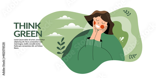 Go green concept with calm and wellness woman and flowers vegetation around. Love yourself and eco healthy lifestyle. Organic alternative cure. Green thinking flat vector cartoon illustration banner