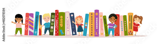 Horizontal banner with childrens and books. Boys and girls are standing near books. Books for childrens and kids. I love reading. Children's book day, festival. Poster for store, shop, library