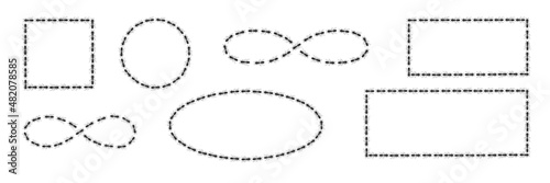 Ants path shaping infinity sign, square and circle boders. Black ant trail isolated in white background. Vector illustration