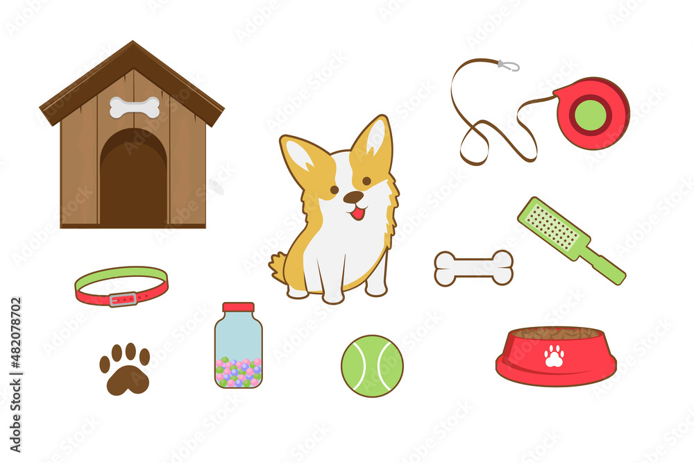 Set of pet store icons. Accessories for dogs. Flat vector illustration. Feeding, toys, balls, collar. Goods for the pet store
