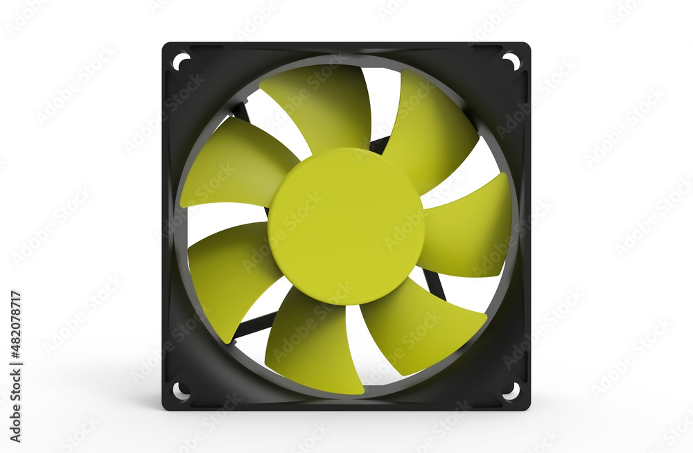 Yellow Computer fan cooler isolated on white 3d image illustration Yellow Computer fan cooler isolated on white 3d image illustration