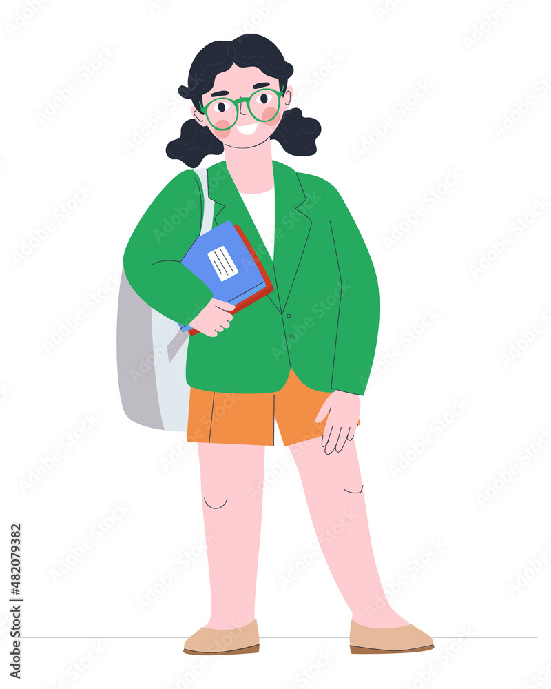 Girl schoolgirl in a suit and glasses. Smart cute girl with textbooks. Flat vector illustration