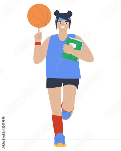 Girl basketball player runs with a ball and textbooks. From sports training to school lessons. School days. Flat vector illustration